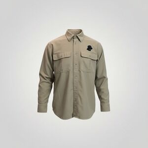 Cabelas Mens Medium Khaki Button Down Shirt Black Lab Embroidered Outdoor Sports